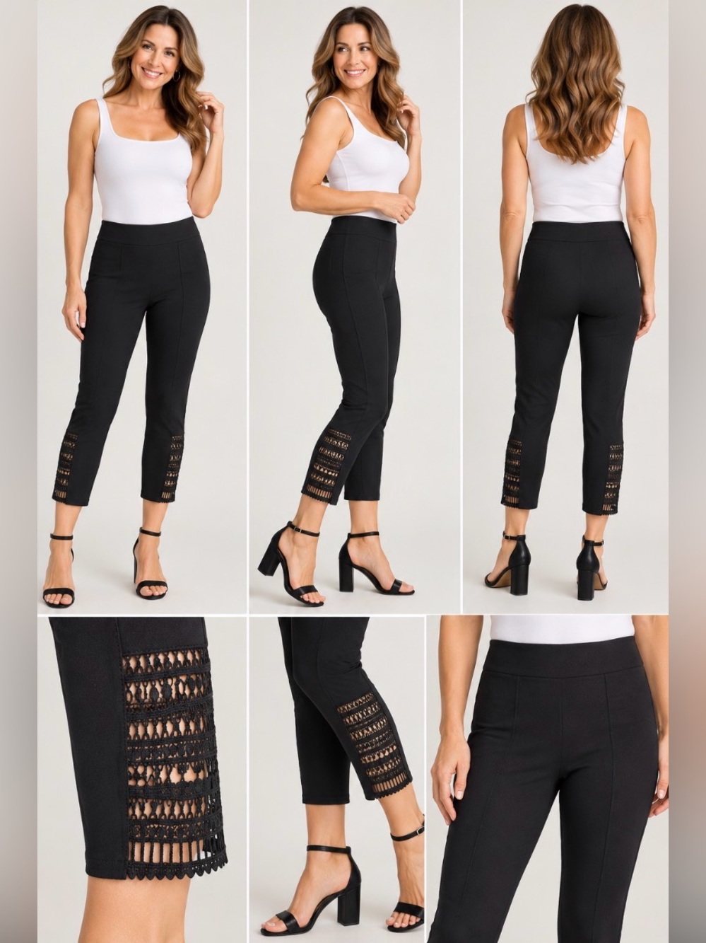 Joseph Ribkoff Black Crochet Lace Side Panel Capri Pants Size 10